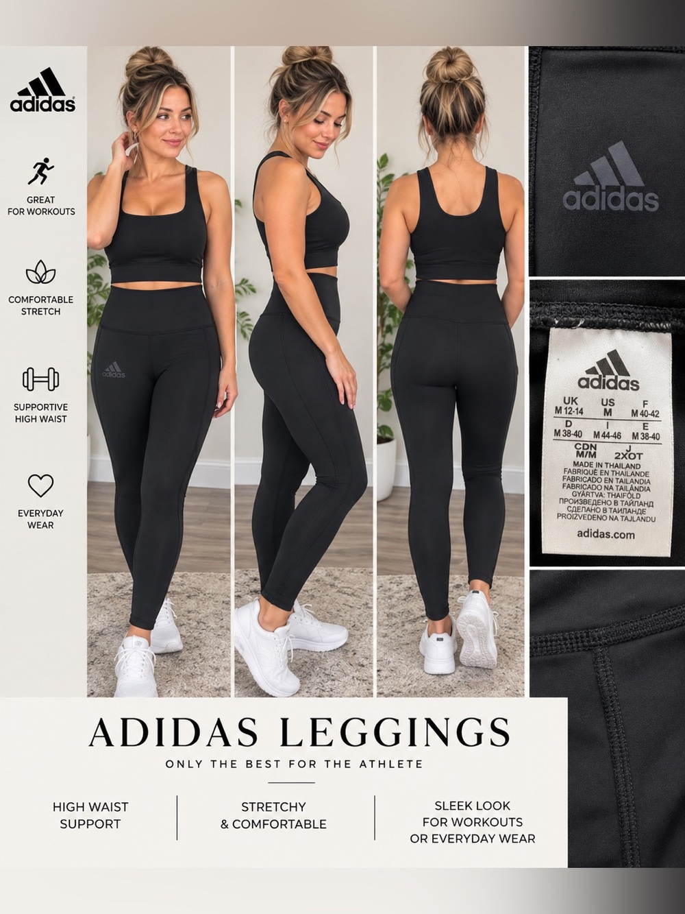 Adidas Black High-Waist Performance Leggings – Women’s Medium